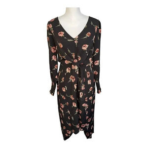 NEW Sandy & Sid‎ Black Floral Long Sleeve Midi Dress Size S V-Neck Tie Waist NWT